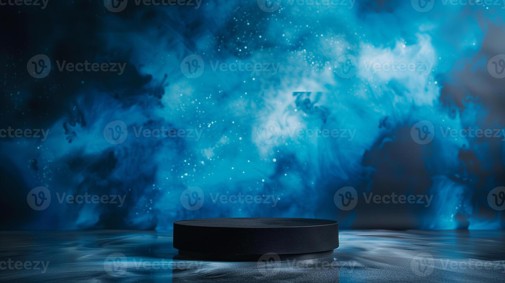 AI generated An empty black podium against the backdrop of dark blue stars outer space. for product display, Blank showcase, mock up template or cosmetic presentation photo