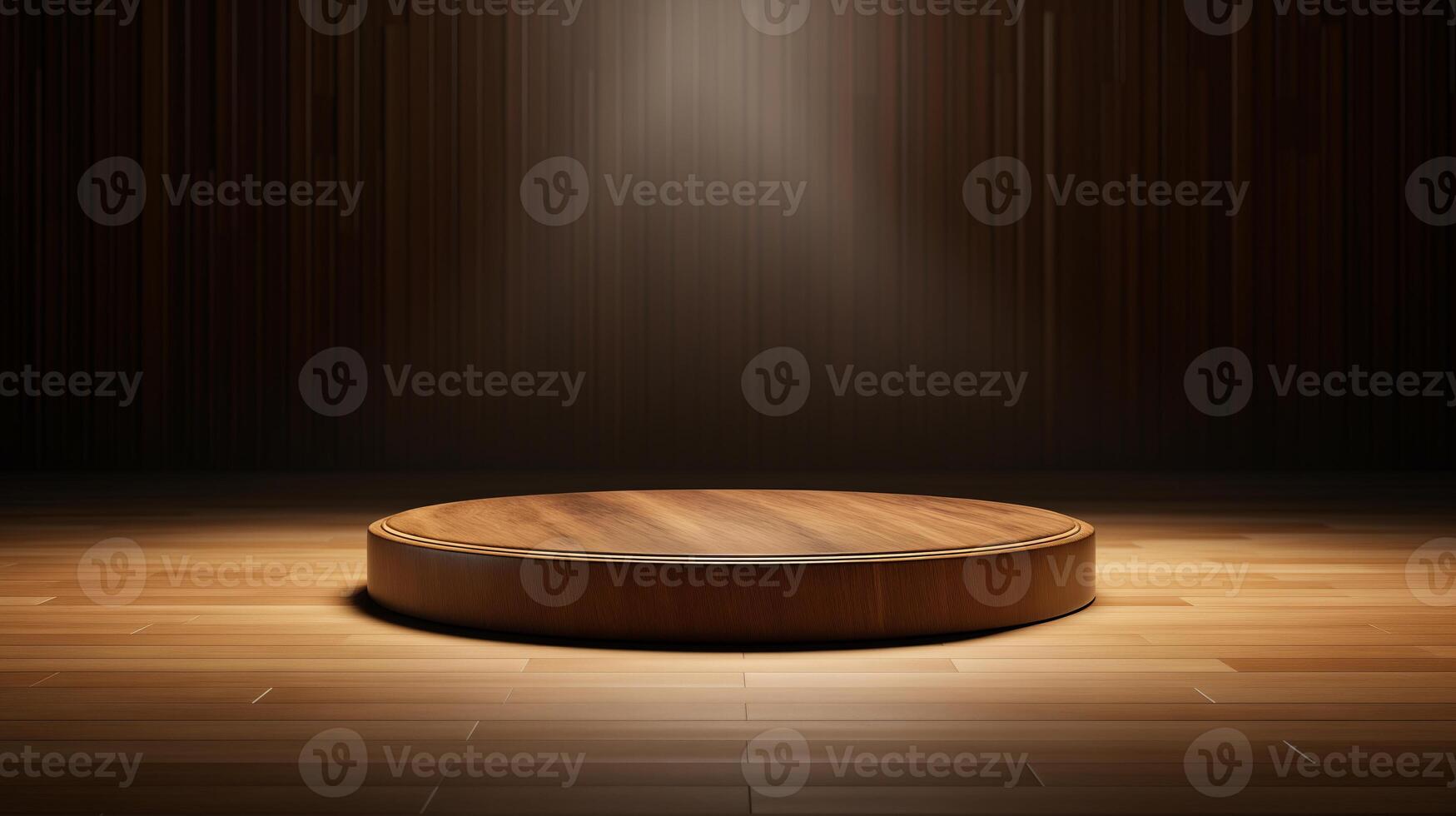AI generated Wooden podium on minimal wooden room background. Represent minimal, old money and quiet luxury. Geometry exhibition stage mockup concept photo