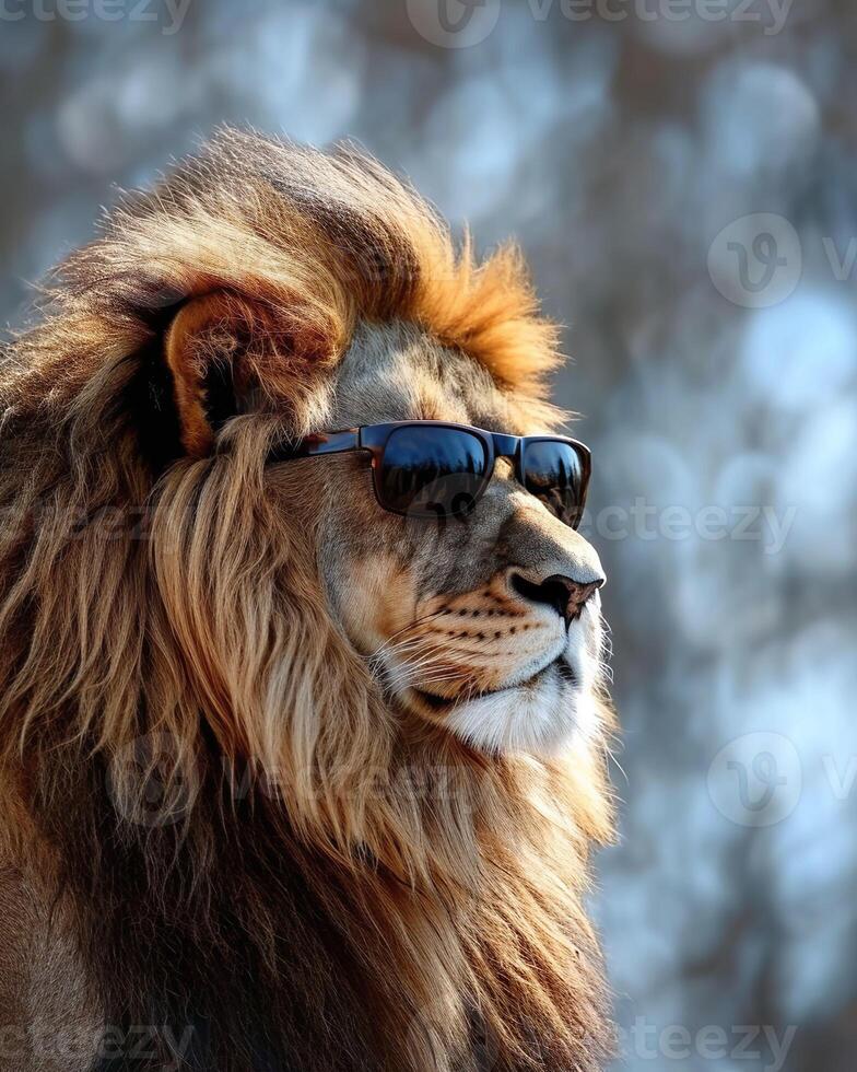 AI generated Portrait of a male lion with sunglasses in the wild nature. photo