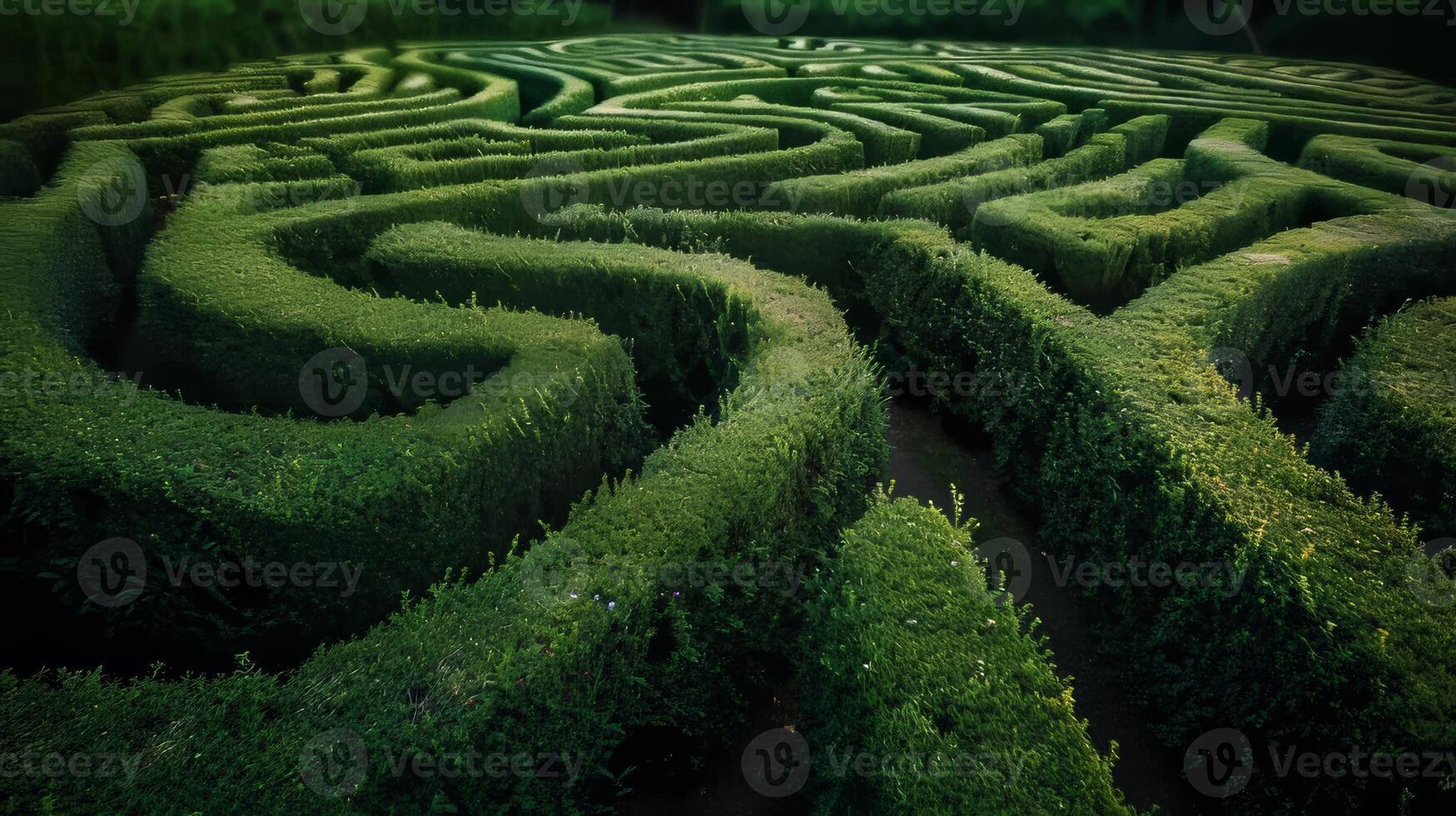 AI generated A maze of hedges with complicated twists and turns confusing the viewer sense of location photo