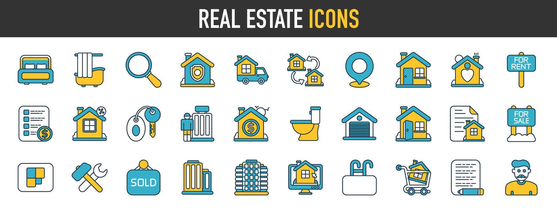 Real estate icon set. Included the icons as realty, property, mortgage, location, home loan and more. icons collection simple vector illustration
