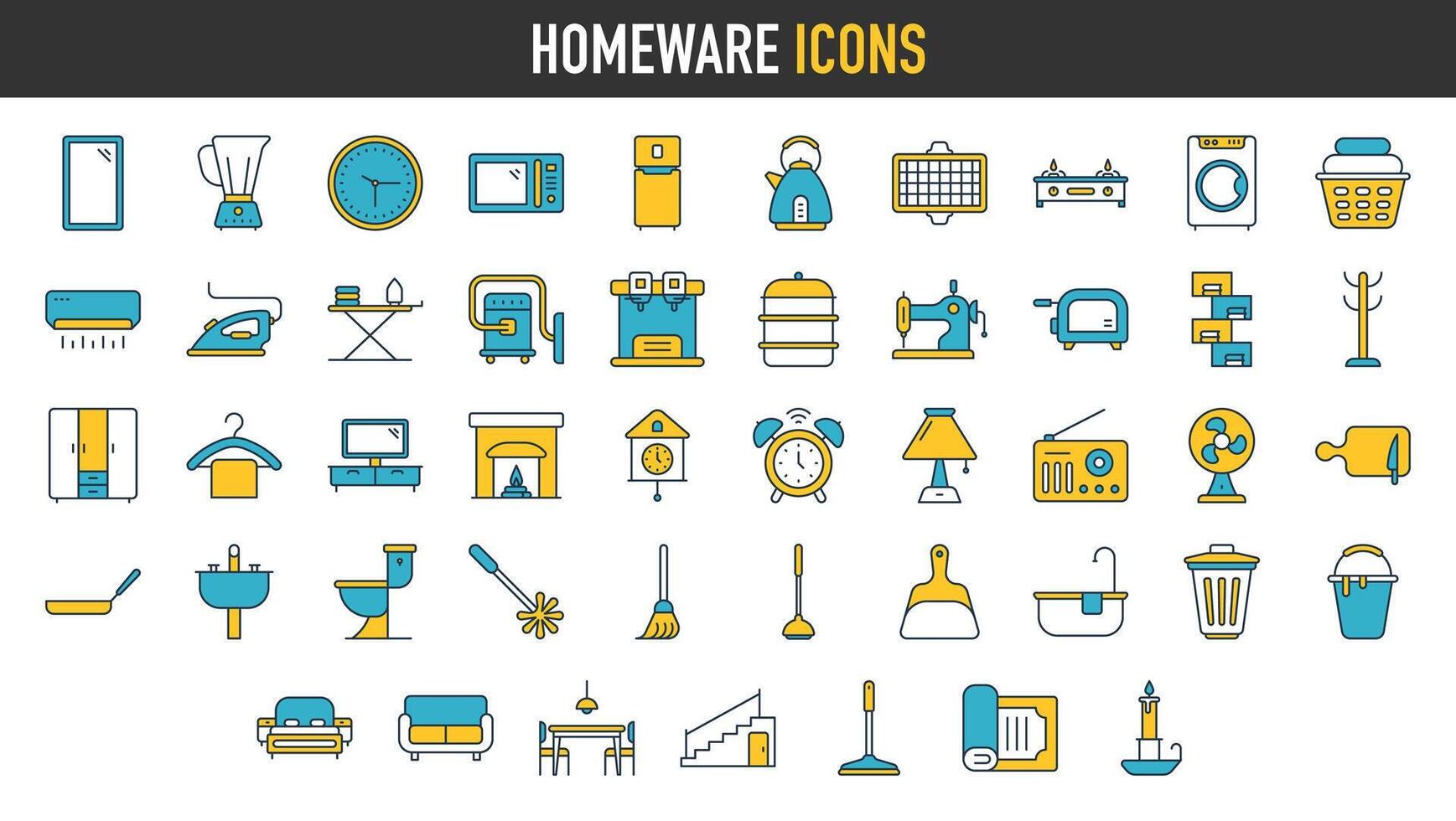 Homeware icons such as corkscrew, ac, squeezer, hand sanitizer, trash bin, food container, dining table, toilet paper vector illustration set.