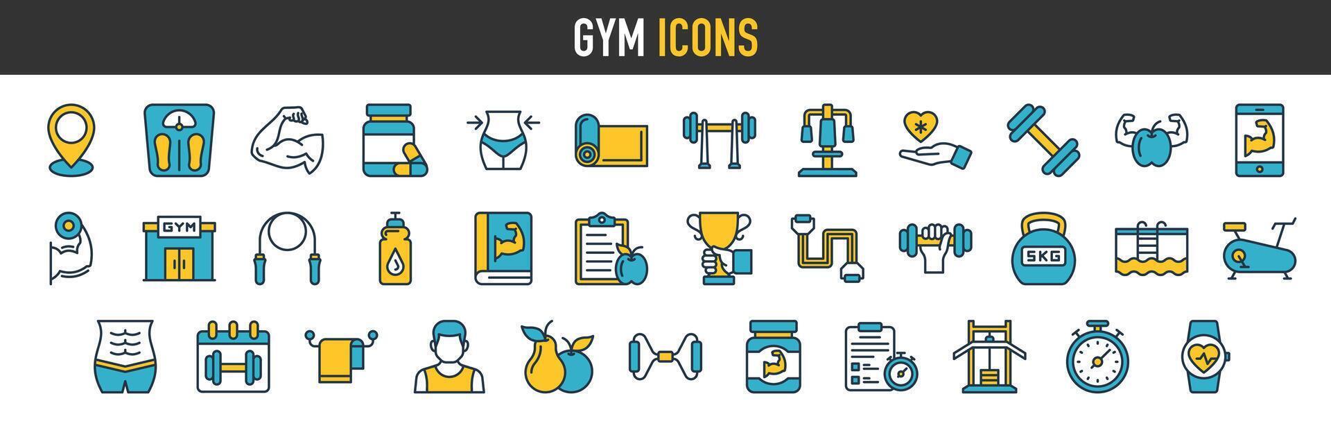 Gym icon set. Containing healthy lifestyle, fitness, weight training, body care and workout or exercise equipment icons. Solid icons vector illustration.