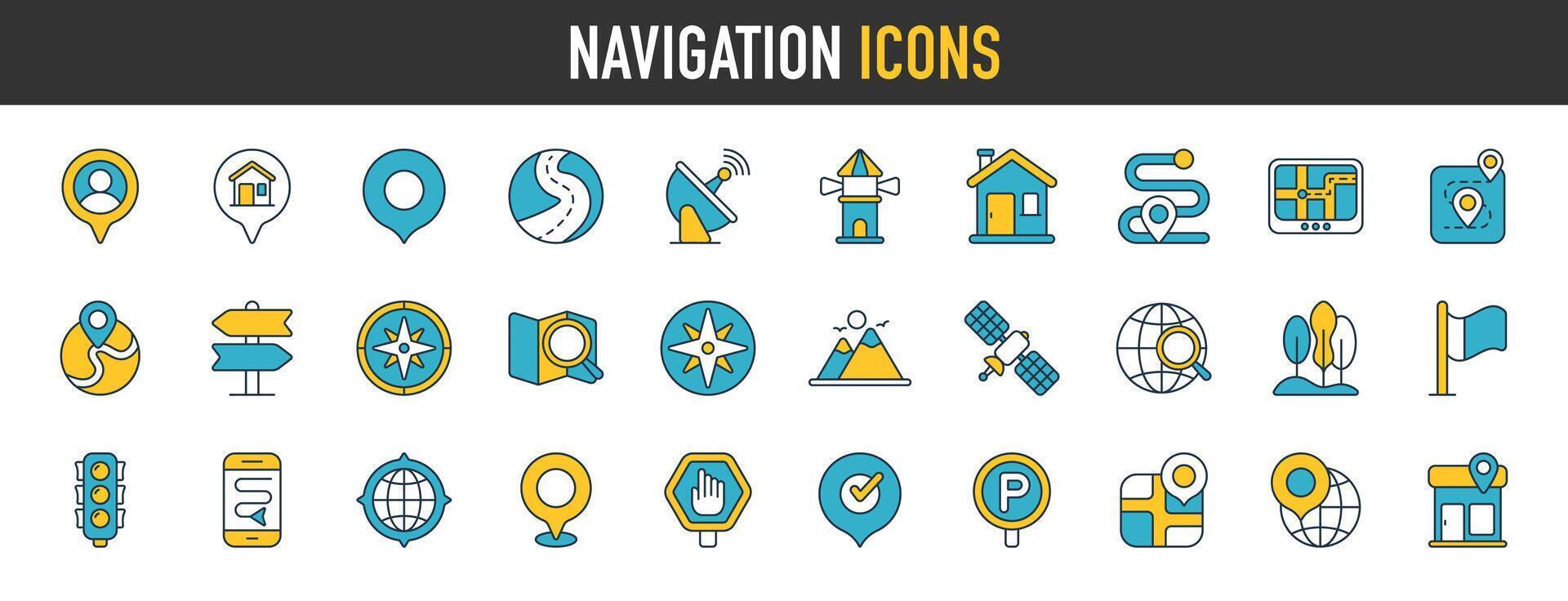 navegación icono colocar. conteniendo mapa, mapa alfiler, GPS, destino, direcciones, distancia, lugar, satélite, navegación y habla a iconos ubicación íconos vector recopilación.