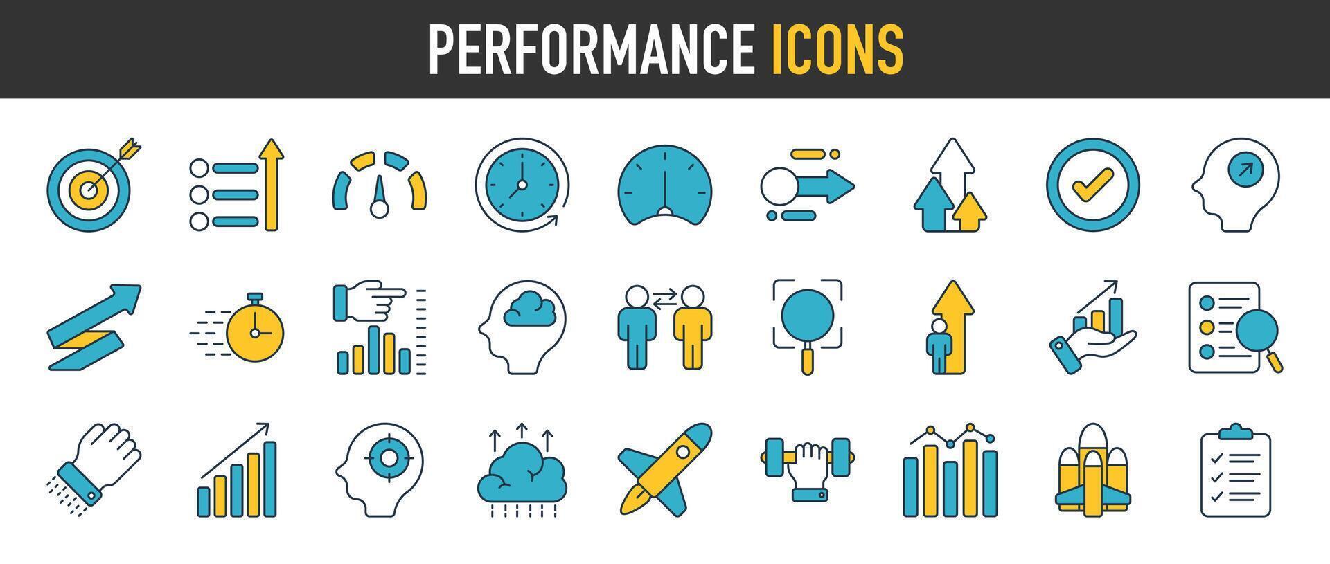 Performance icon set. Containing gain, improvement, grow, chart, increase, evolution and development icons. Solid icon collection. Vector illustration.