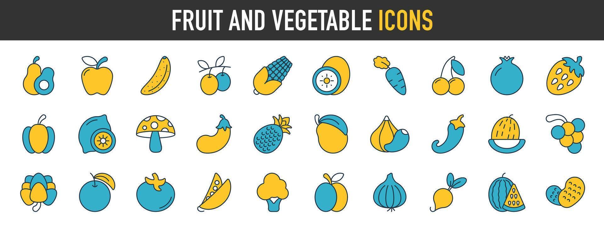 Fruta y vegetales icono colocar. tal como manzana, banana, naranja, zanahoria, uva, fresa, tomate, sandía, espinaca, brócoli, mango y más. vector íconos ilustración.