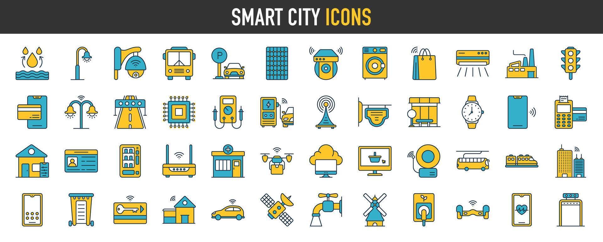 Smart city icon set. such as green energy, intelligent urbanism, efficient mobility, zero emission, electric transport, balanced traffic, public spaces, CCTV, telemedicine vector illustration.