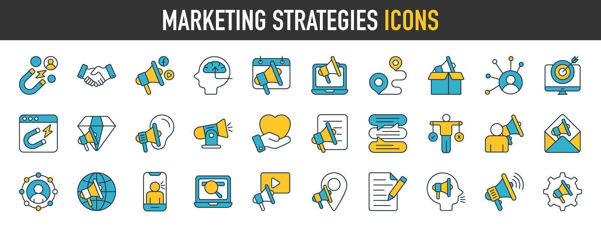 Marketing strategies icons set. Content, search, advertising, ecommerce, seo, electronic devices, internet, analysis, social vector icon.