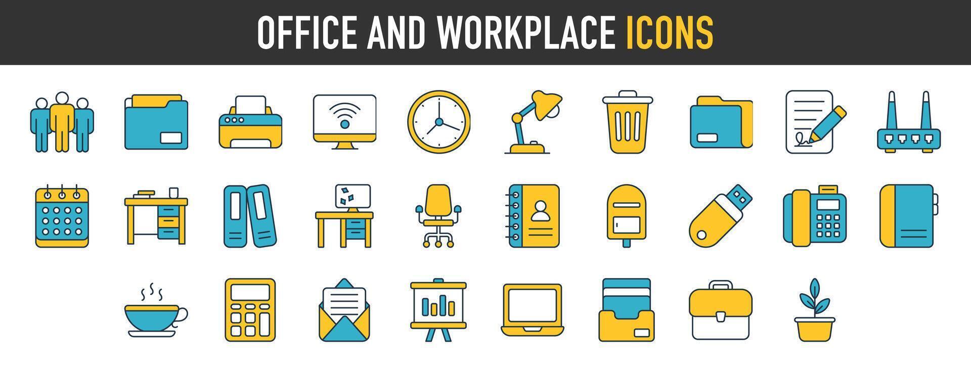 oficina y lugar de trabajo icono colocar. conteniendo maletín, escritorio, computadora, reunión, empleado, calendario y compañero de trabajo símbolo. íconos vector recopilación.