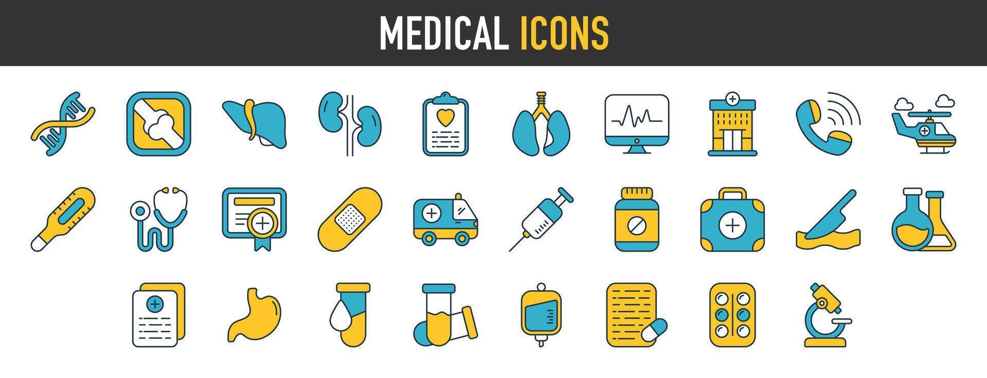medicina icono. salud íconos para web y móvil aplicación emergencia, médico equipo, enfermero, pastillas, clínica, receta, resonancia magnética, doctor, laboratorio, virus, prescripción vector firmar