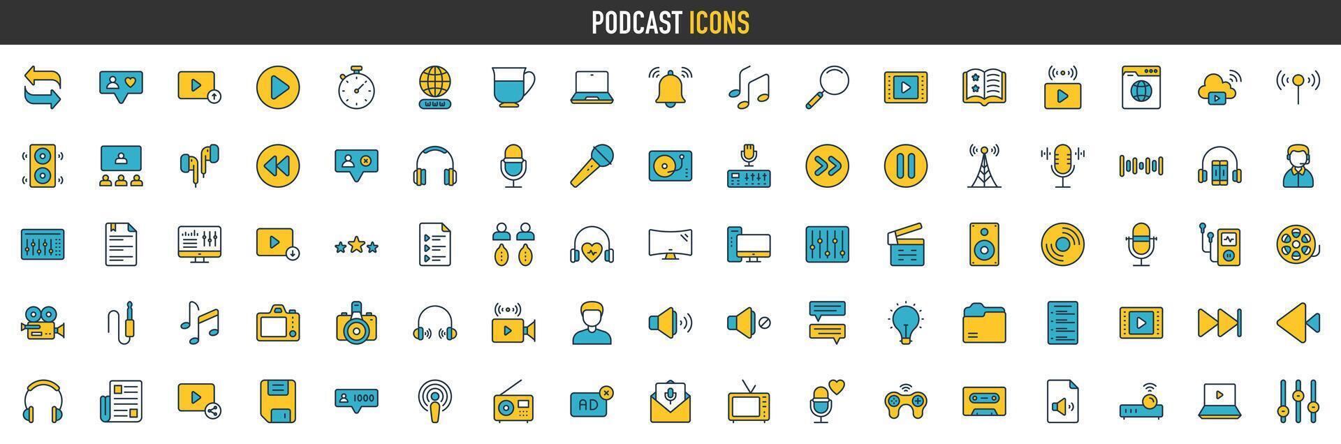 podcast icono recopilación. conteniendo audio, transmisión web, video, noticias, micrófono, registro, podcasting, radiodifusión y entretenimiento iconos vector ilustración.