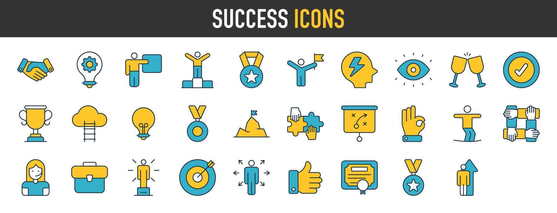 Success icon set. Successful business development, badge, trophy, plan symbol. Solid icons vector collection.