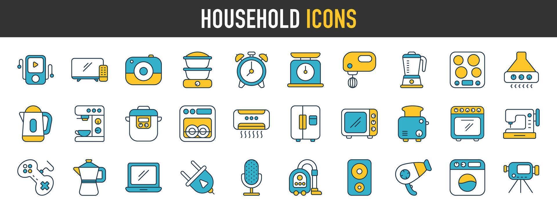 casa accesorios vector iconos tal como tostadora, licuadora, secador de pelo, eléctrico rango, vídeo y foto cámara. vector icono colección