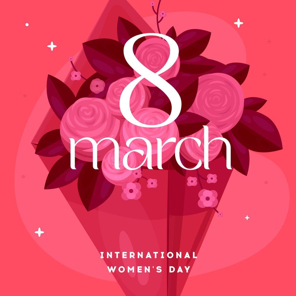 International women's day greeting card with bouquet on red background vector