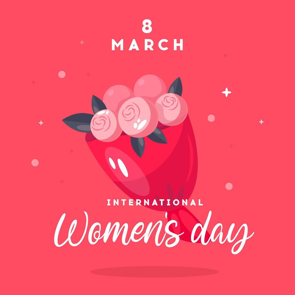 Womens day greeting card with flowers on red background. 8 march invitation vector