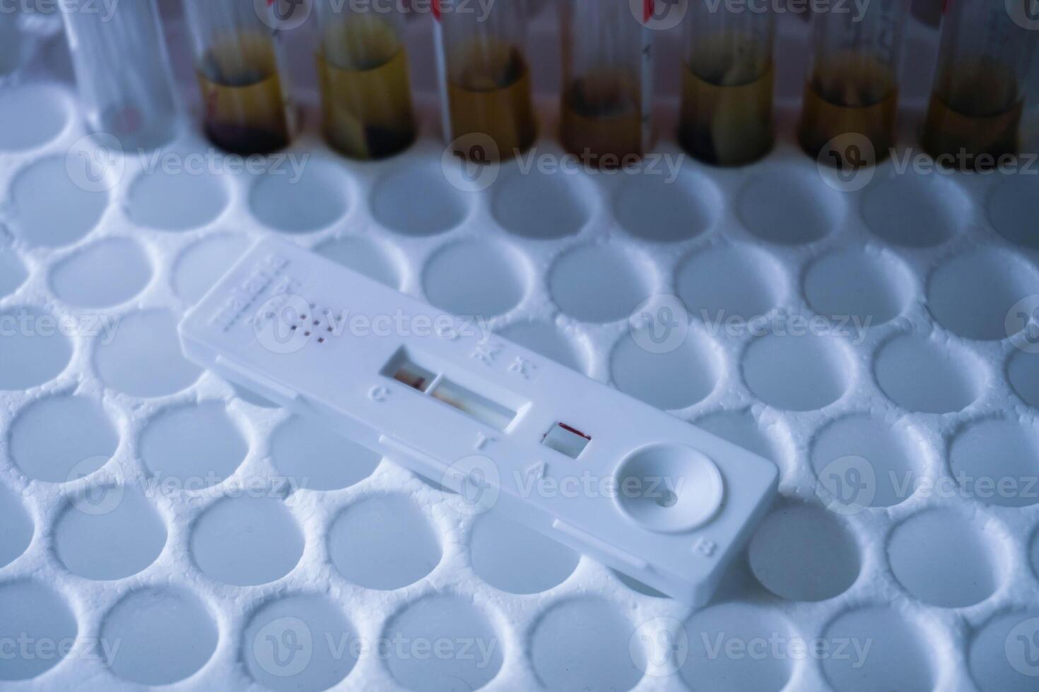 Rapid test cassette malaria on a above the red vacuum tube. shows a negative result.Copy space photo