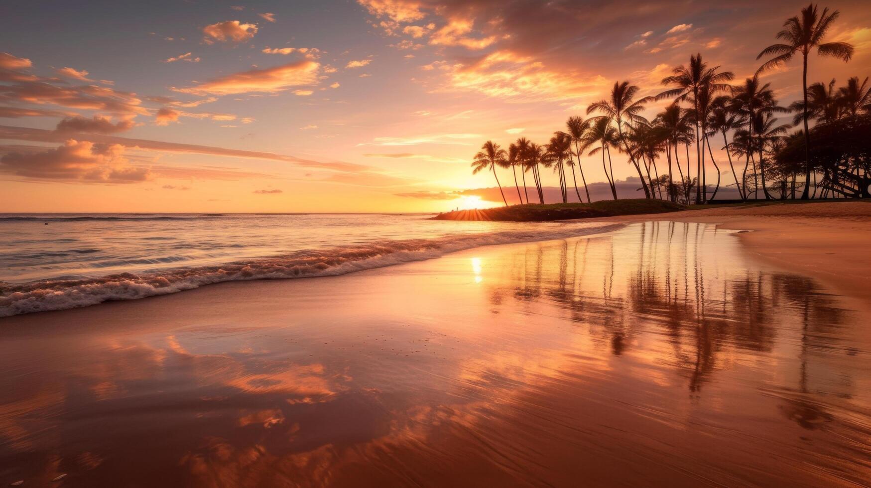 AI generated A breathtaking sunset view at a tropical beach, with waves gently lapping at the shore and palm trees reflecting on the wet sand. Generative AI photo