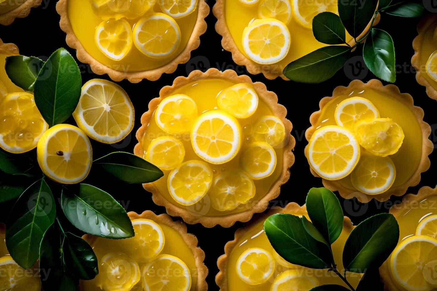 AI generated Top view flat lay delicious lemon tarts with lemon piece and mint on top on the table with dark background. Bakery food photo