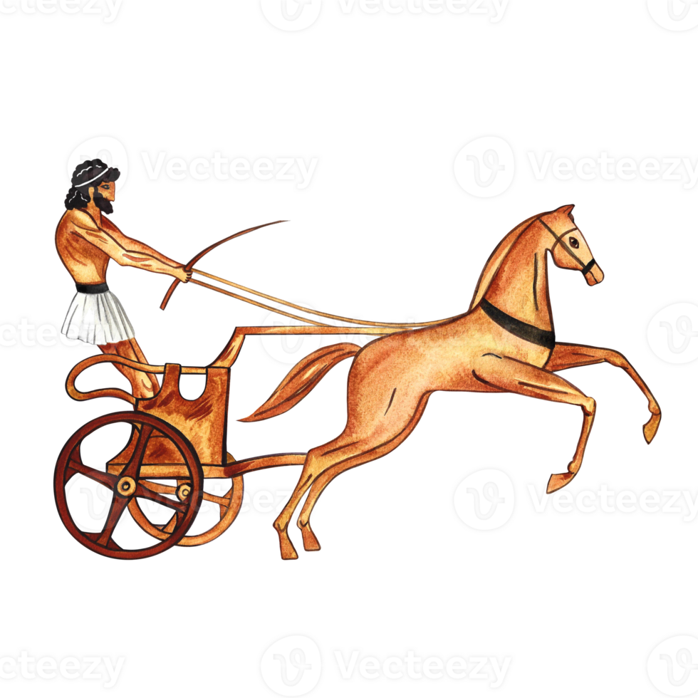 gammal grekisk stridsvagn ryttare med en häst. grekisk målning. hand dragen vattenfärg. isolera. för banderoller, grafik och textilier. för förpackning, etiketter och vykort. png