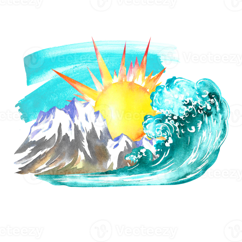 Sea wave, blue, turquoise, isolated. Watercolor hand drawn illustration. Designed for flyers, banners, postcards. For invitations, posters, labels and packaging, stickers, prints. png
