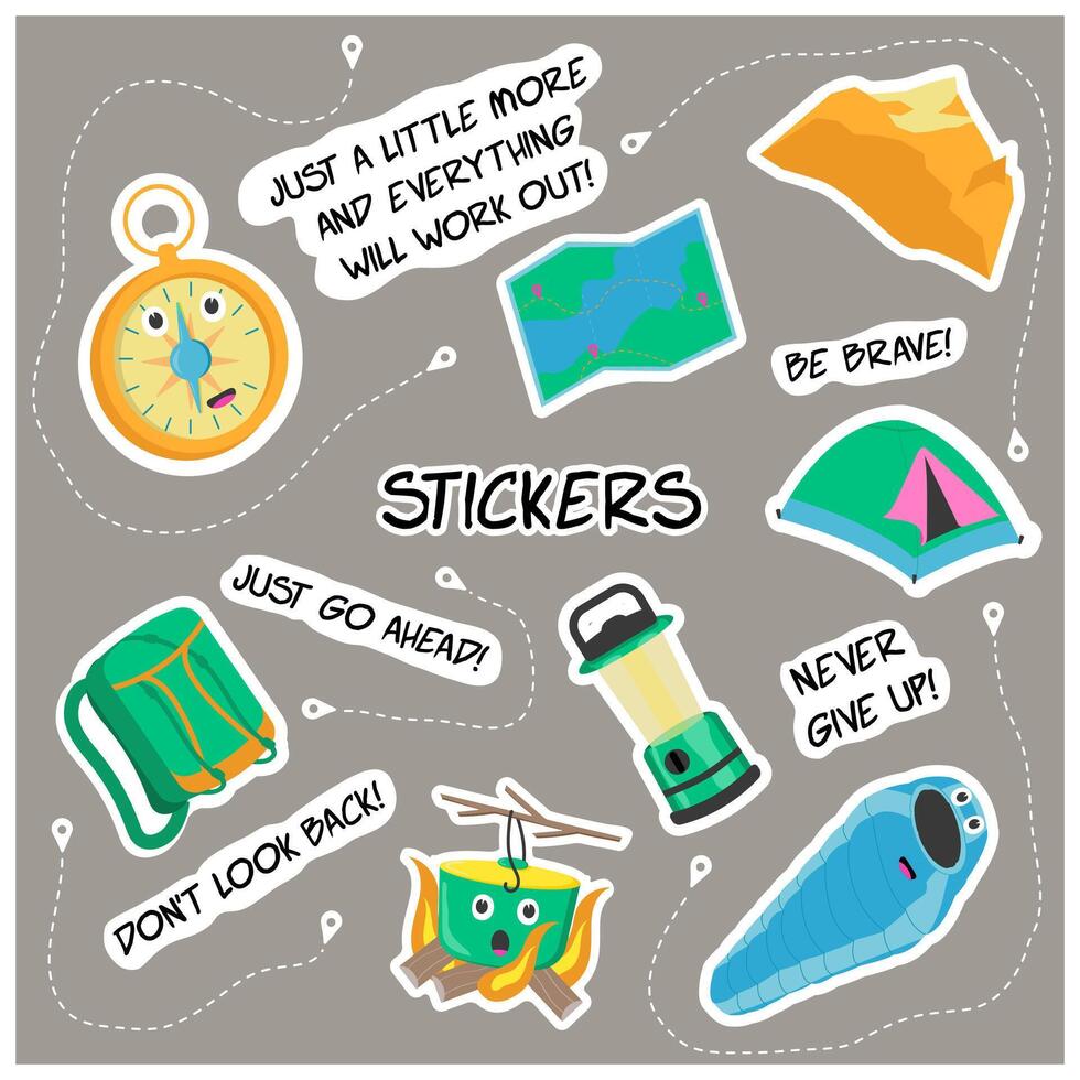 A set of vector flat stickers for camping, consisting of a backpack, compass, tent, lantern, sleeping bag, campfire, pot, mountains. Summer camping kit for social media, web design, chat, scrapbooking