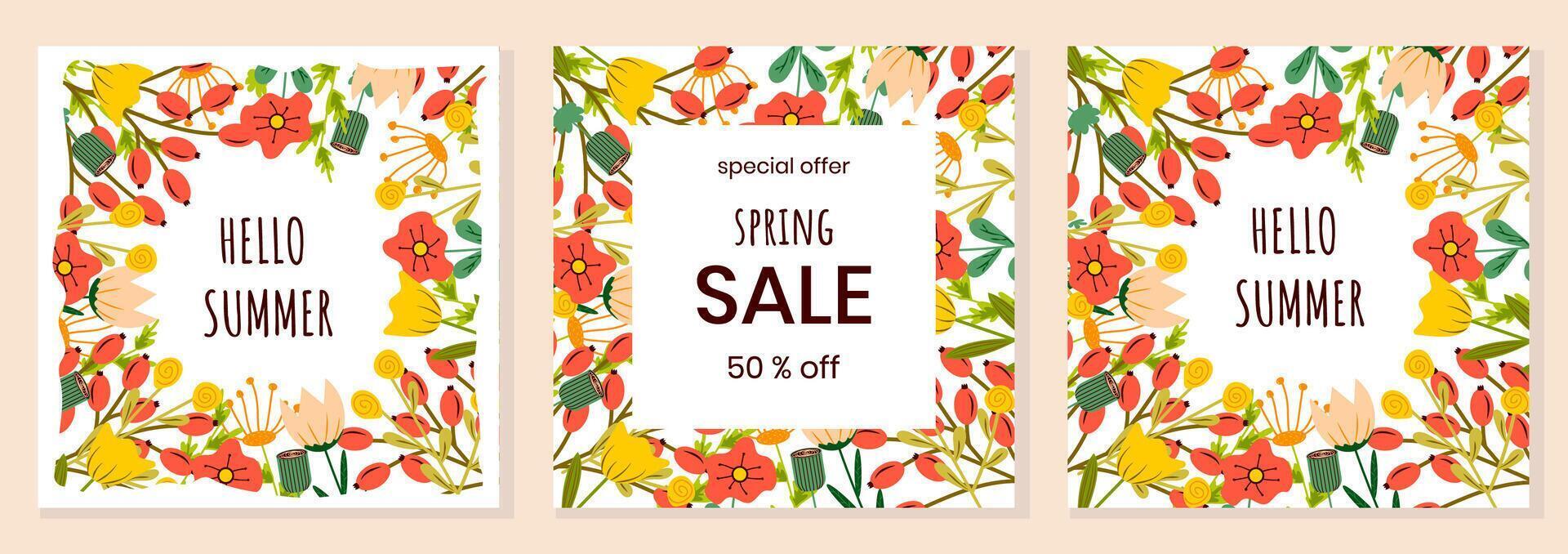 A spring sale banner for a shop window with flowers and leaves. Flyers, flyers, booklets with flowers and leaves vector