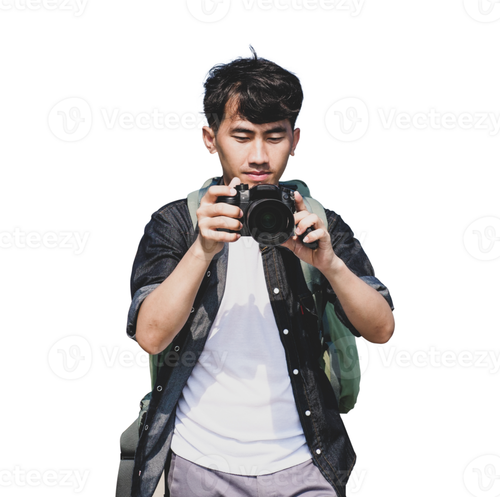 Young man traveler takes images with dslr digital camera isolated on transparent background. png