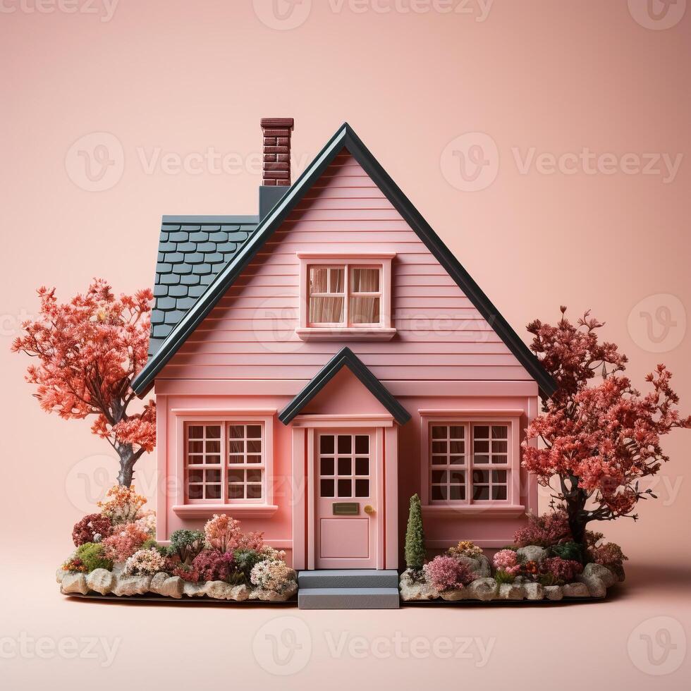 AI generated Cute pink house. 3d render in pastel colors photo