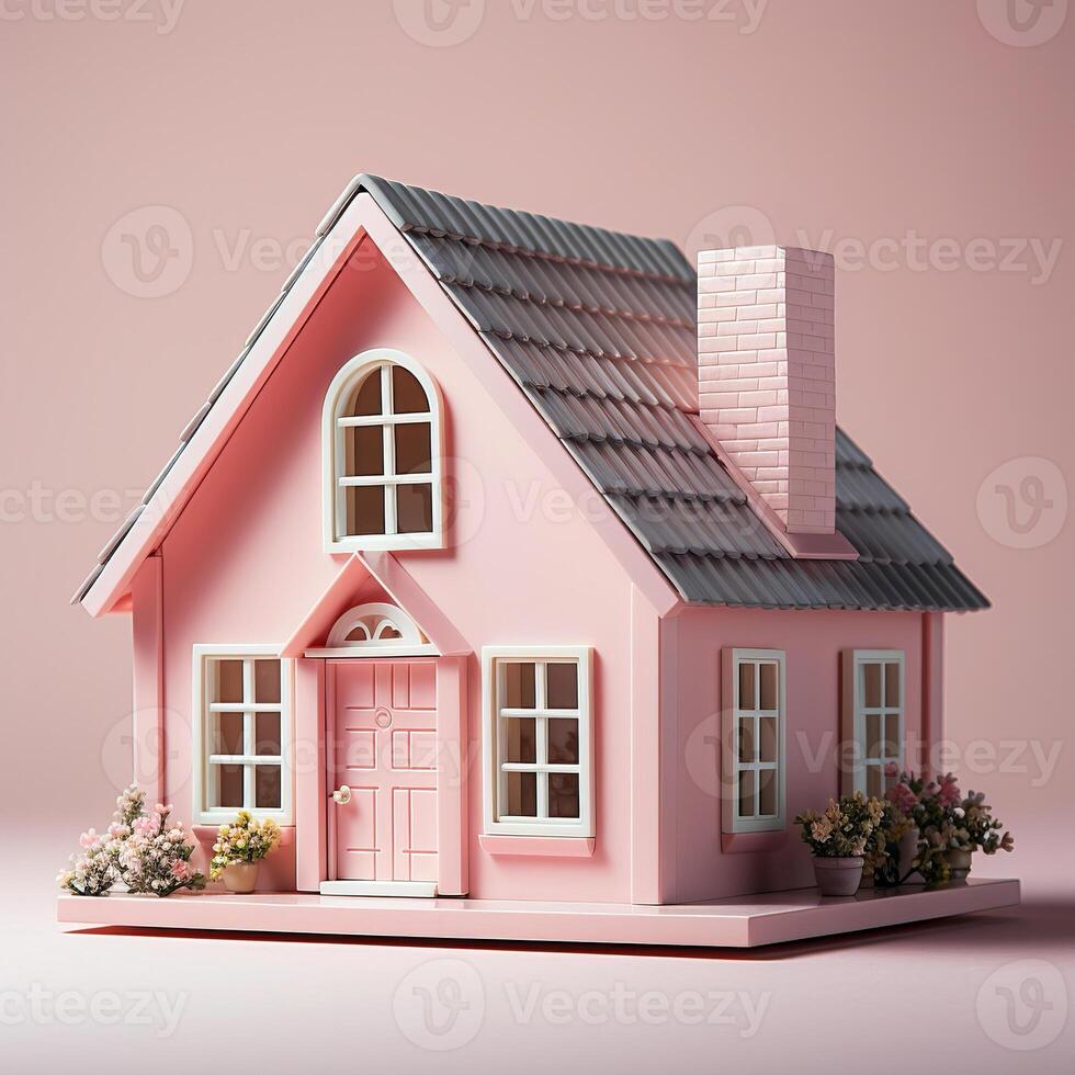 AI generated Cute pink house. 3d render in pastel colors photo