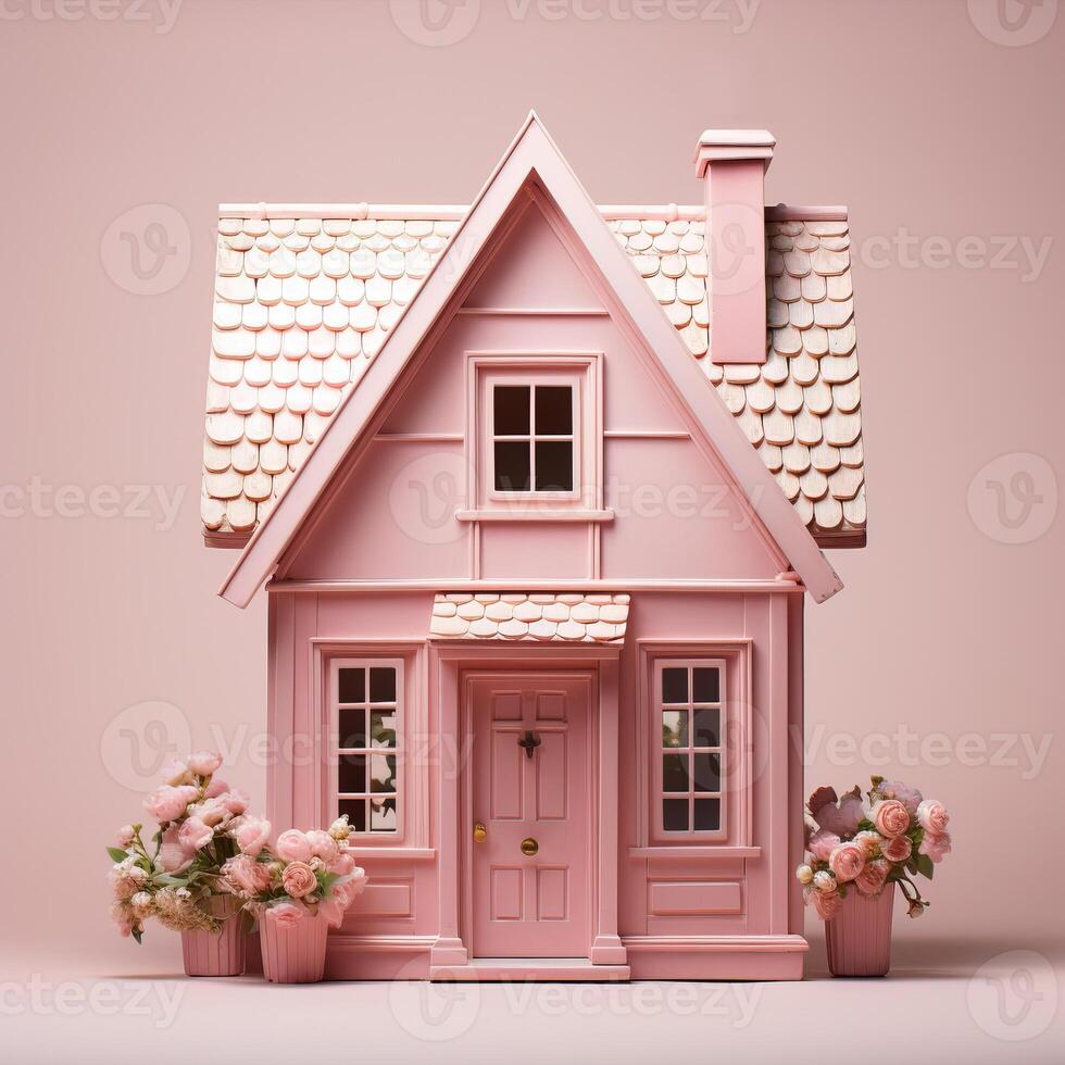 AI generated Cute pink house. 3d render in pastel colors photo