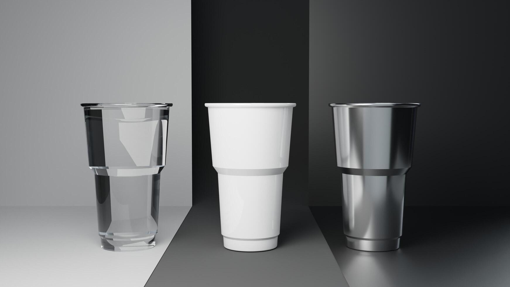 3d representación de un conjunto de el plastico tazas en un diferente antecedentes foto