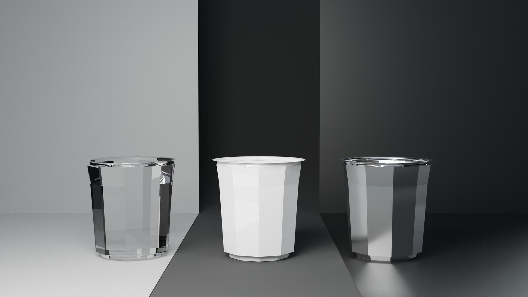 3D rendering of a set of white glass containers on a black n white background photo