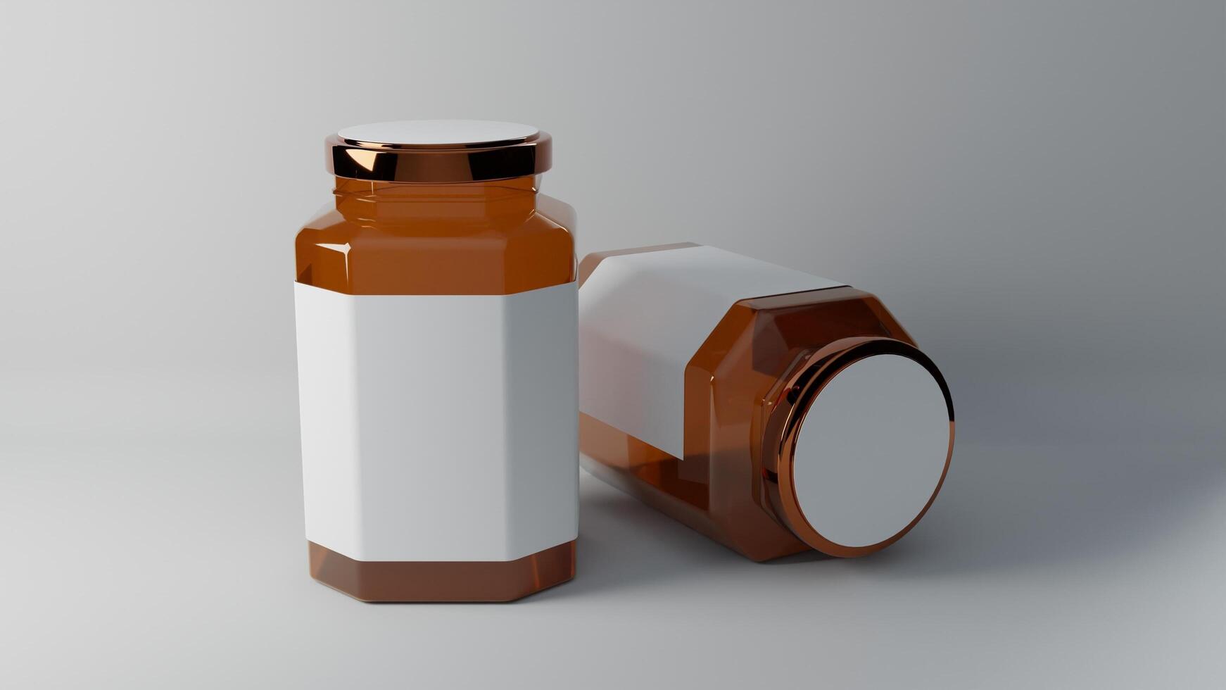 Honey jar mockup, transparent glass bottle with cap filled by sweet honey, 3d render illustration photo