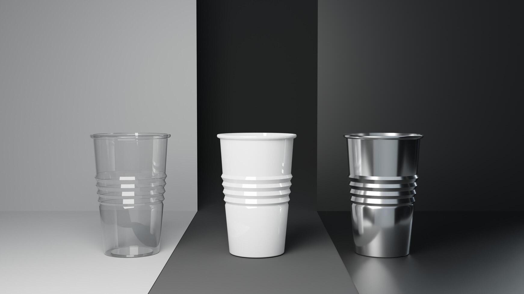 3d representación de un grupo de el plastico tazas en un escala de grises antecedentes foto