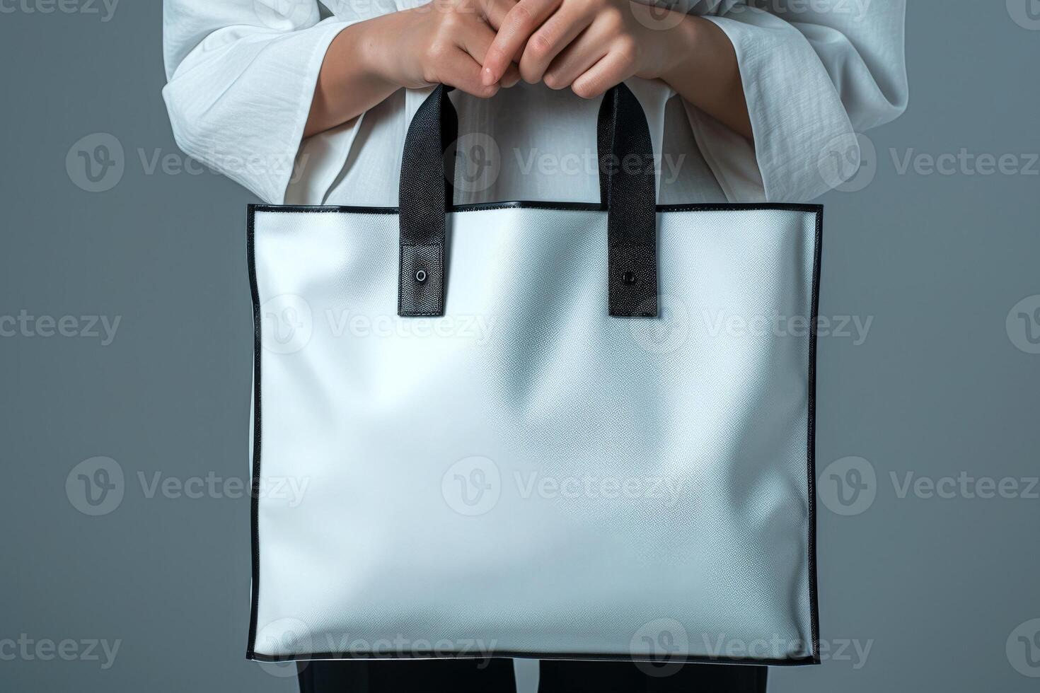 AI generated woman Hand holding a White Polyester square tote bag for mockup . AI generated image photo