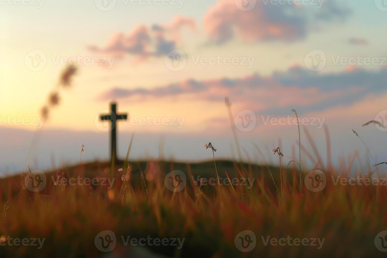 AI generated Religious cross on the background of a bright sunset. The concept of religion and faith. Christianity. Generative AI. photo