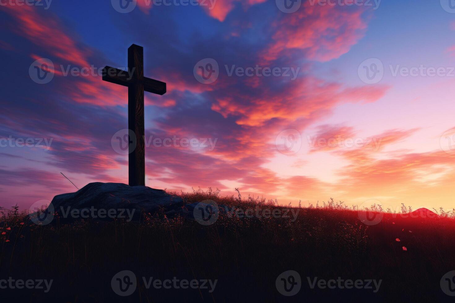 ai generado religioso cruzar en el antecedentes de un brillante puesta de sol. el concepto de religión y fe. cristiandad. generativo ai. foto