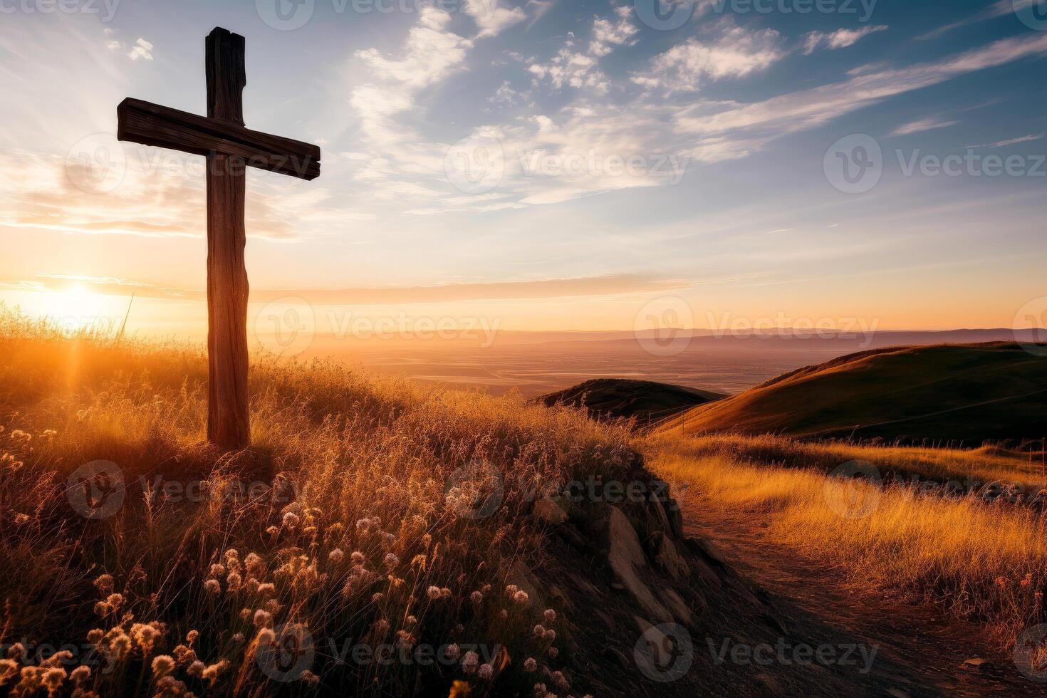 ai generado religioso cruzar en el antecedentes de un brillante puesta de sol. el concepto de religión y fe. cristiandad. generativo ai. foto