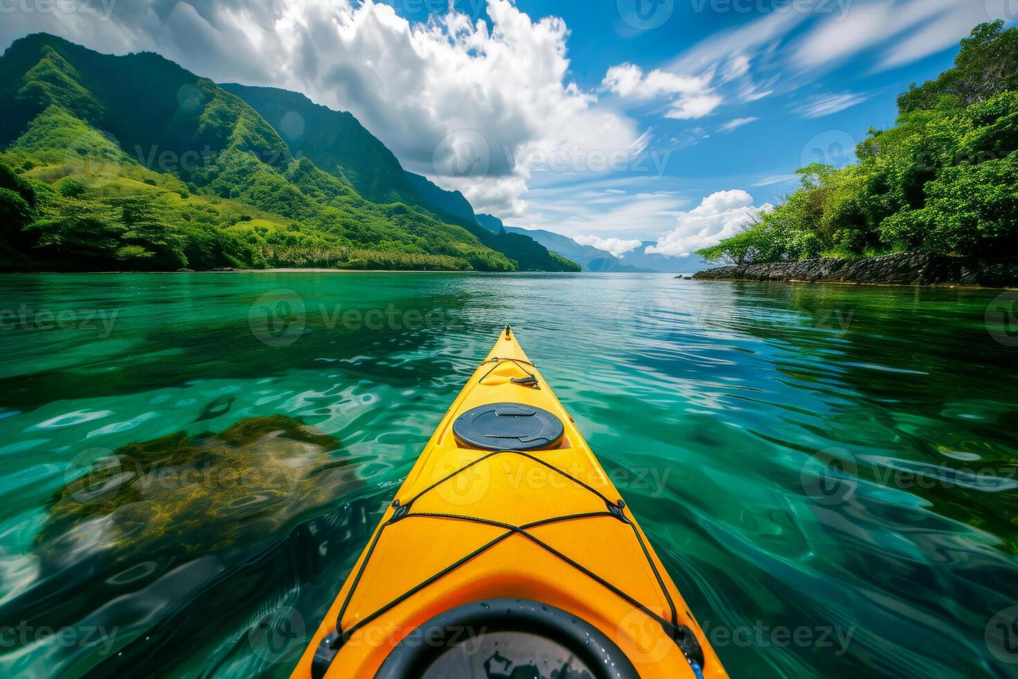 AI generated Man paddling a kayak down a river with a big copy space, Generative AI. photo