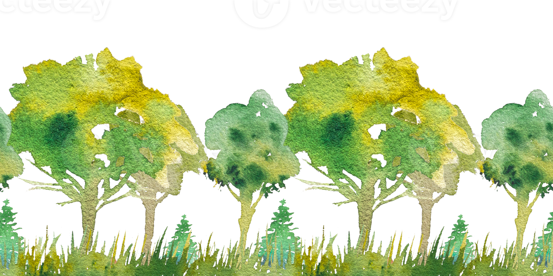 Hand drawn watercolor seamless border of a fragment of a forest, deciduous and coniferous trees. Summer, spring nature, holiday background, deciduous trees, landscape. Landscape for design png