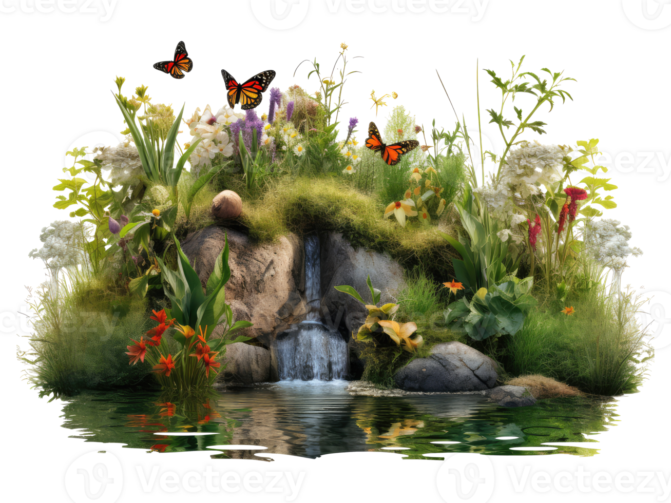 AI generated pond with flowers and butterflies on it png