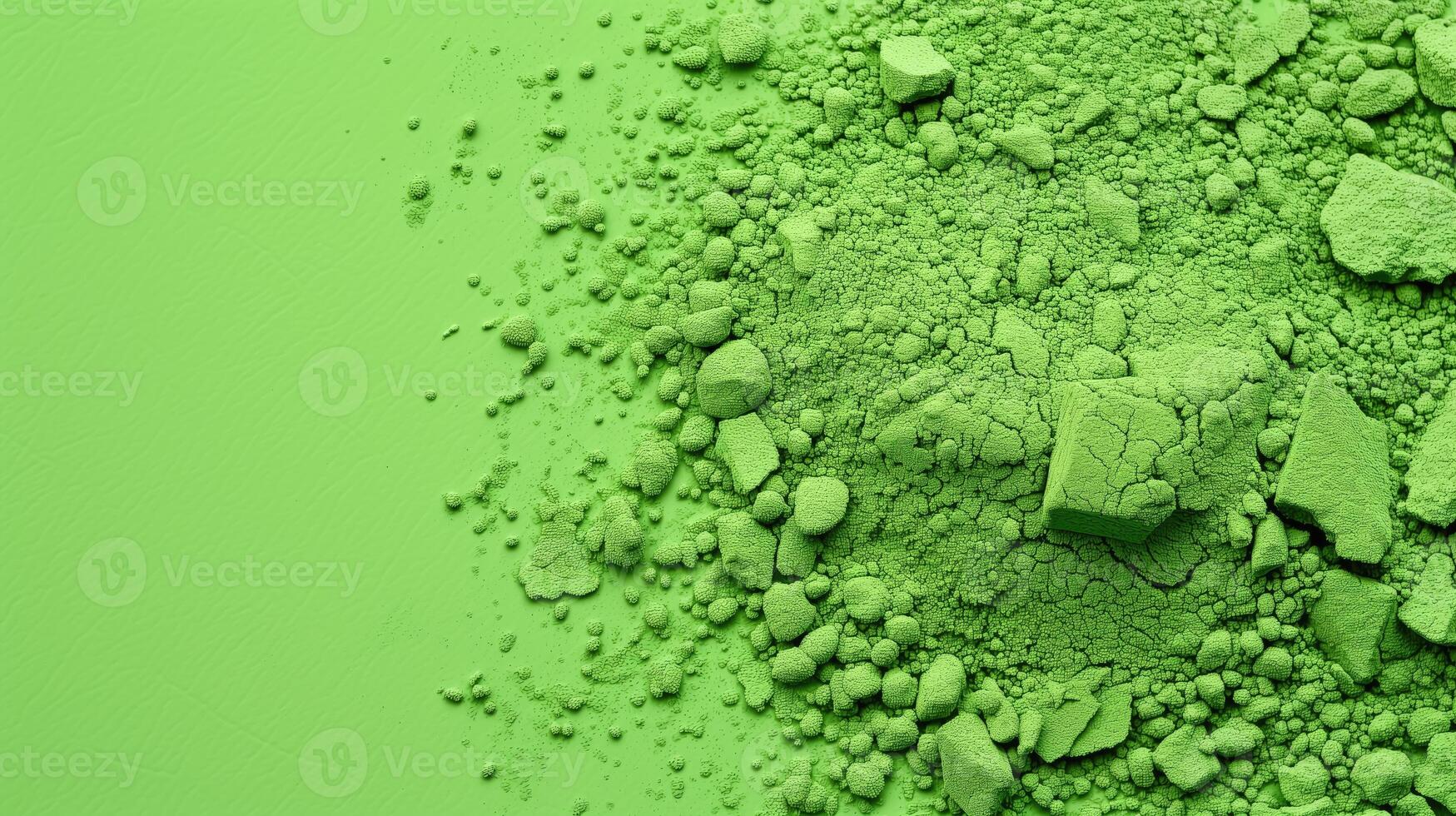 ai generado verde matcha polvo dispersado en un verde antecedentes. ver desde arriba. Copiar espacio. horizontal formato. foto