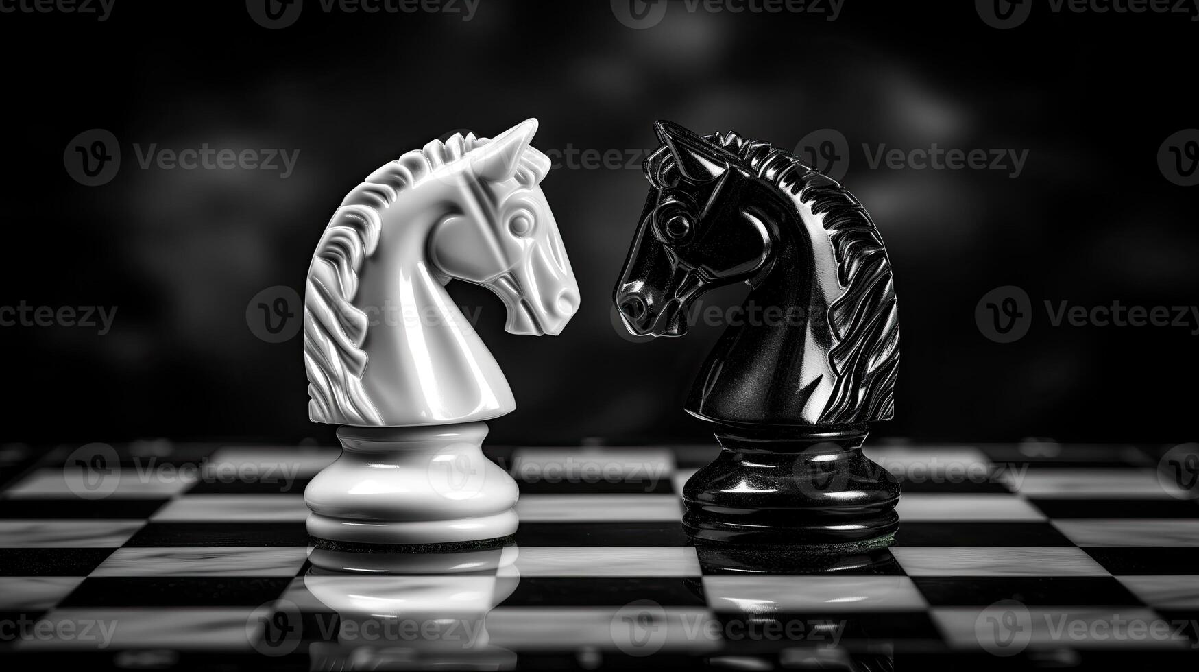 AI generated Two chess knights, white and black, stand on a chessboard. Horizontal format. photo