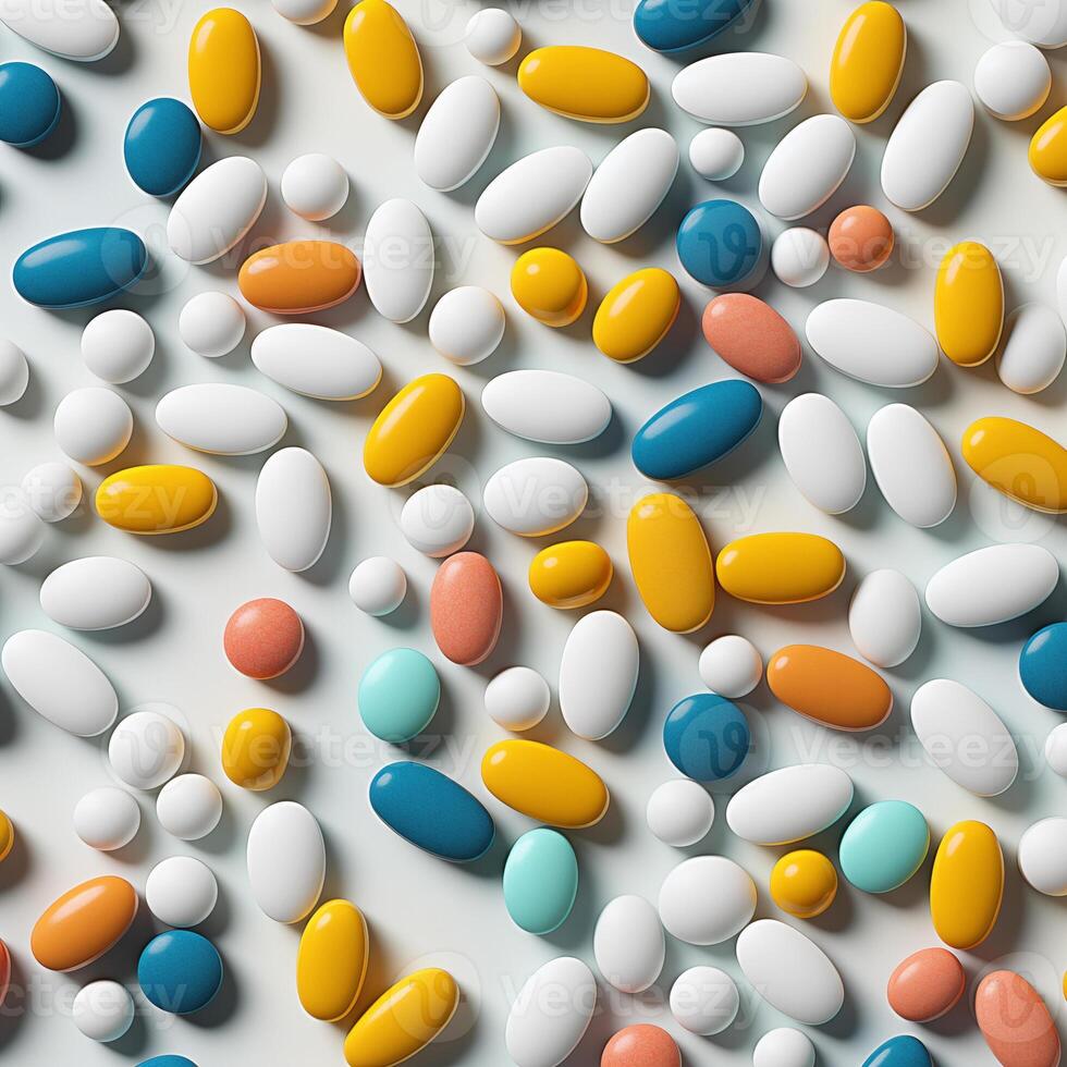 AI generated Background of white yellow and blue medical pills scattered on the table. Macro photography. Square wallpaper. photo