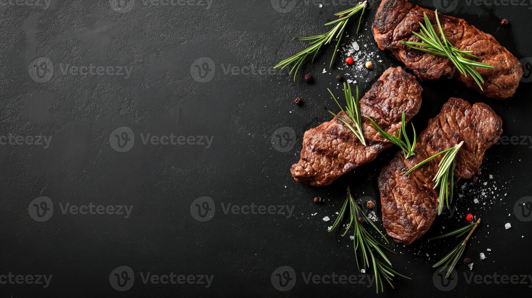 AI generated Three steaks with rosemary and spices on a dark table. Copy space. View from above. Macro photography. Horizontal format. photo