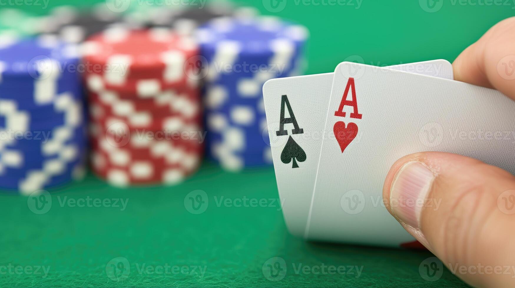 ai generado dos ases en mano. victorioso combinación en un póker juego. apuesta juego en un casino. Copiar espacio. horizontal formato. foto