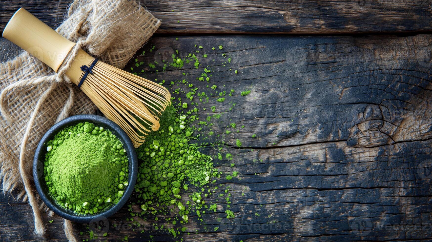 AI generated Matcha green powder and whisk on a wooden table top view. Copy space. Horizontal format. photo