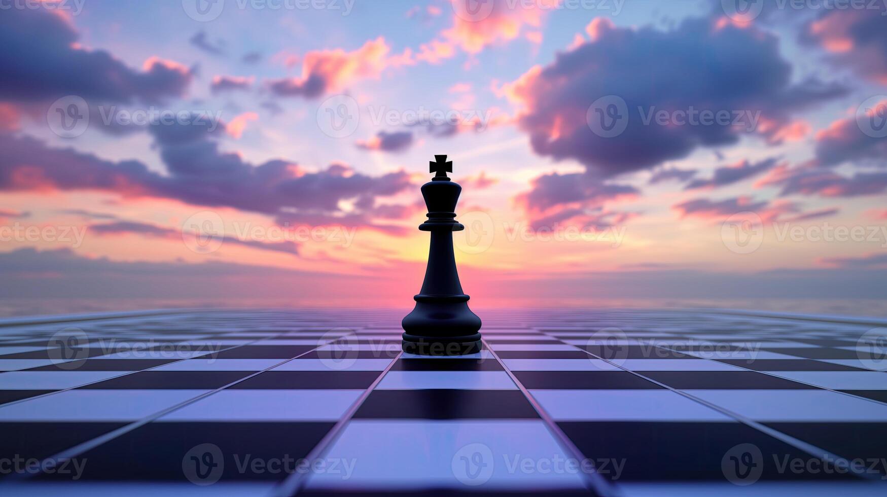 AI generated King of chess pieces on the board. Sunset sky in the background. Horizontal format. Copy space. photo