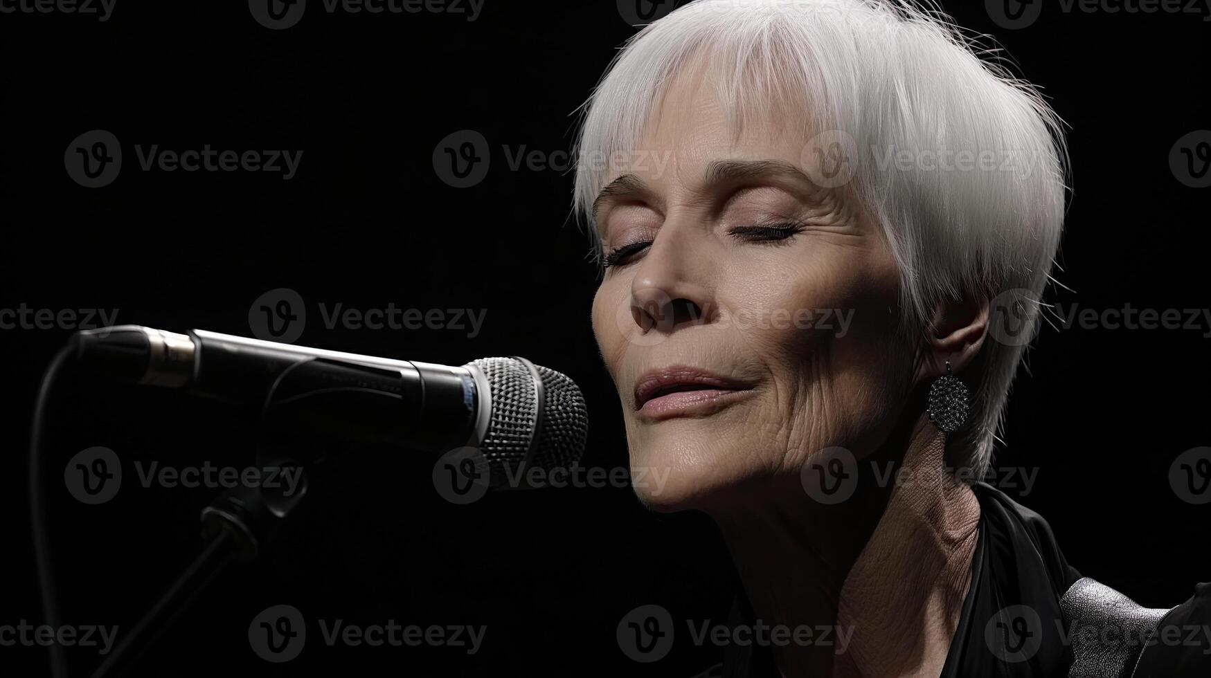 AI generated An elderly singer with a microphone on a black background. A woman enjoys singing. Copy space. Horizontal format. photo