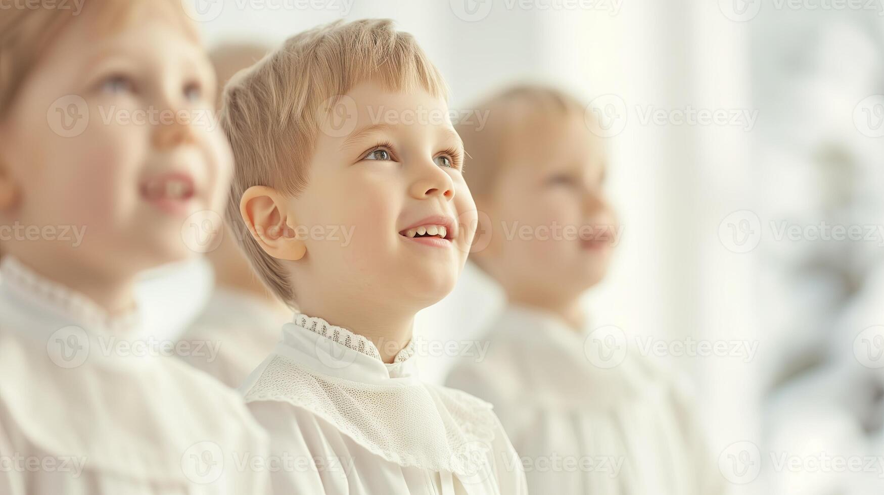 AI generated A child boy looks with admiration at something. All the guys are in white. Event for children. photo